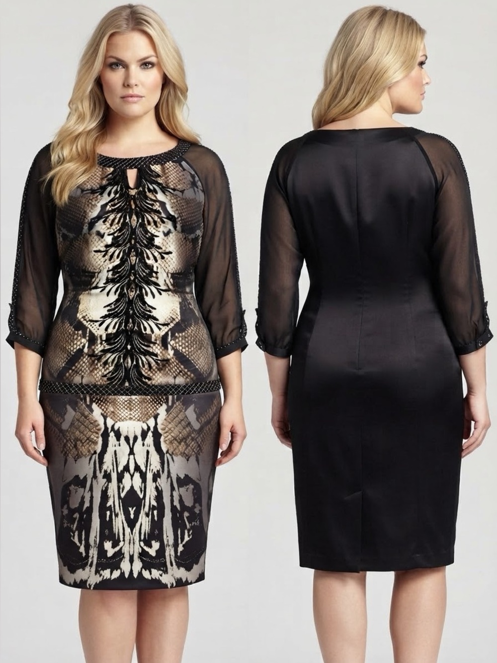 WOMEN PLUS SIZE SATIN DRESS BLACK FORMAL 3/4 RAGLAN SLEEVES ANIMAL PRINT GOWN